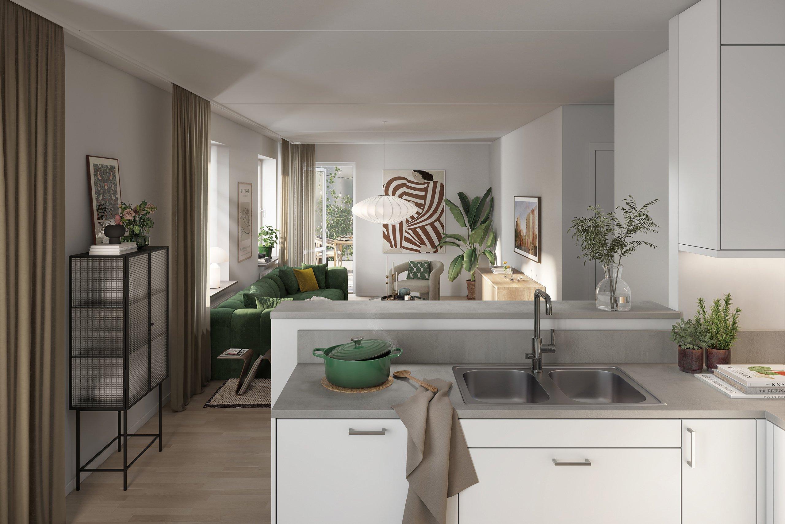 Bostäderna har en noga genomtänkt inredning, fina materialval och smarta lösningar (visionsbild).