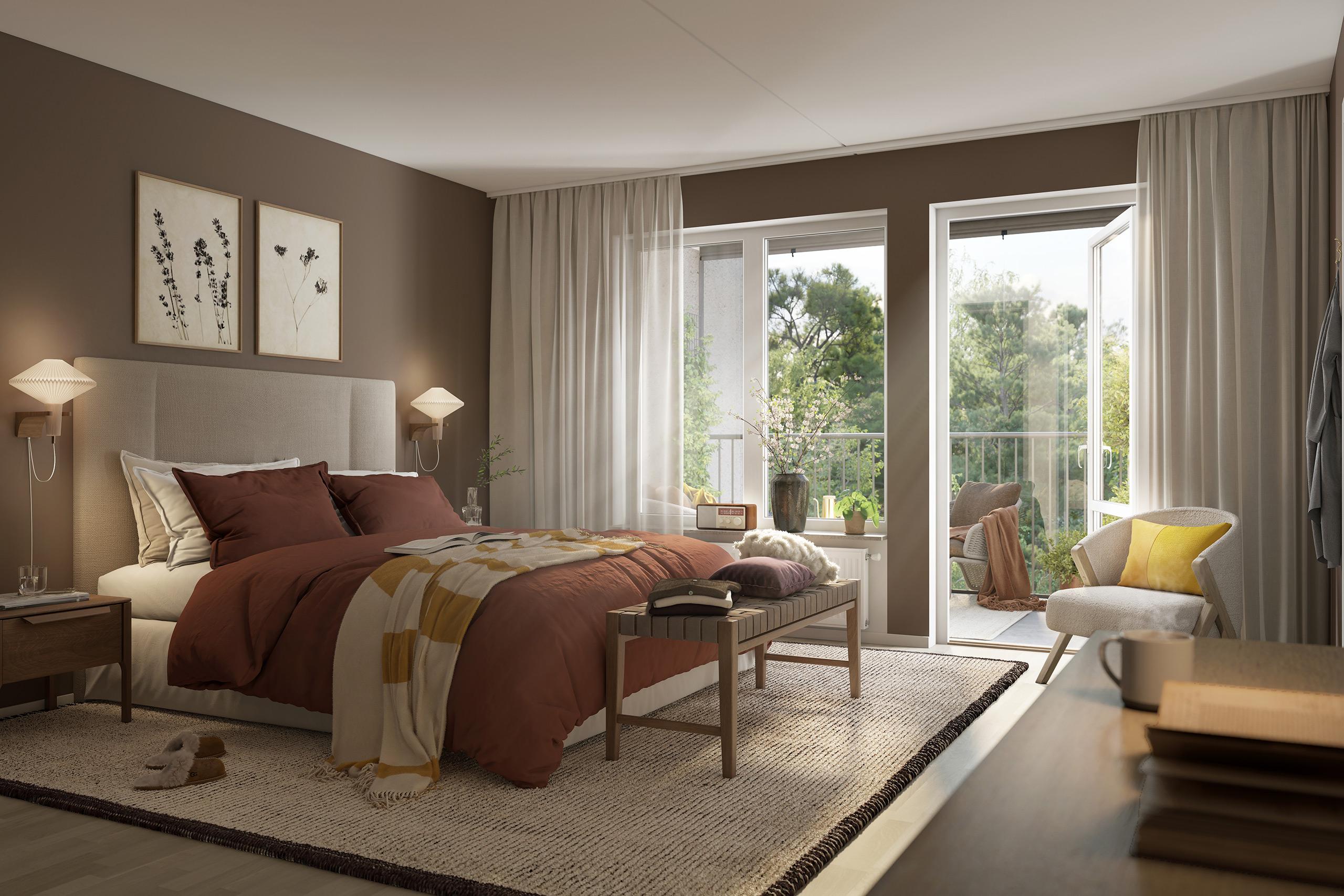 Bostaden har ett generöst sovrum för god sömn och återhämtning (visionsbild).