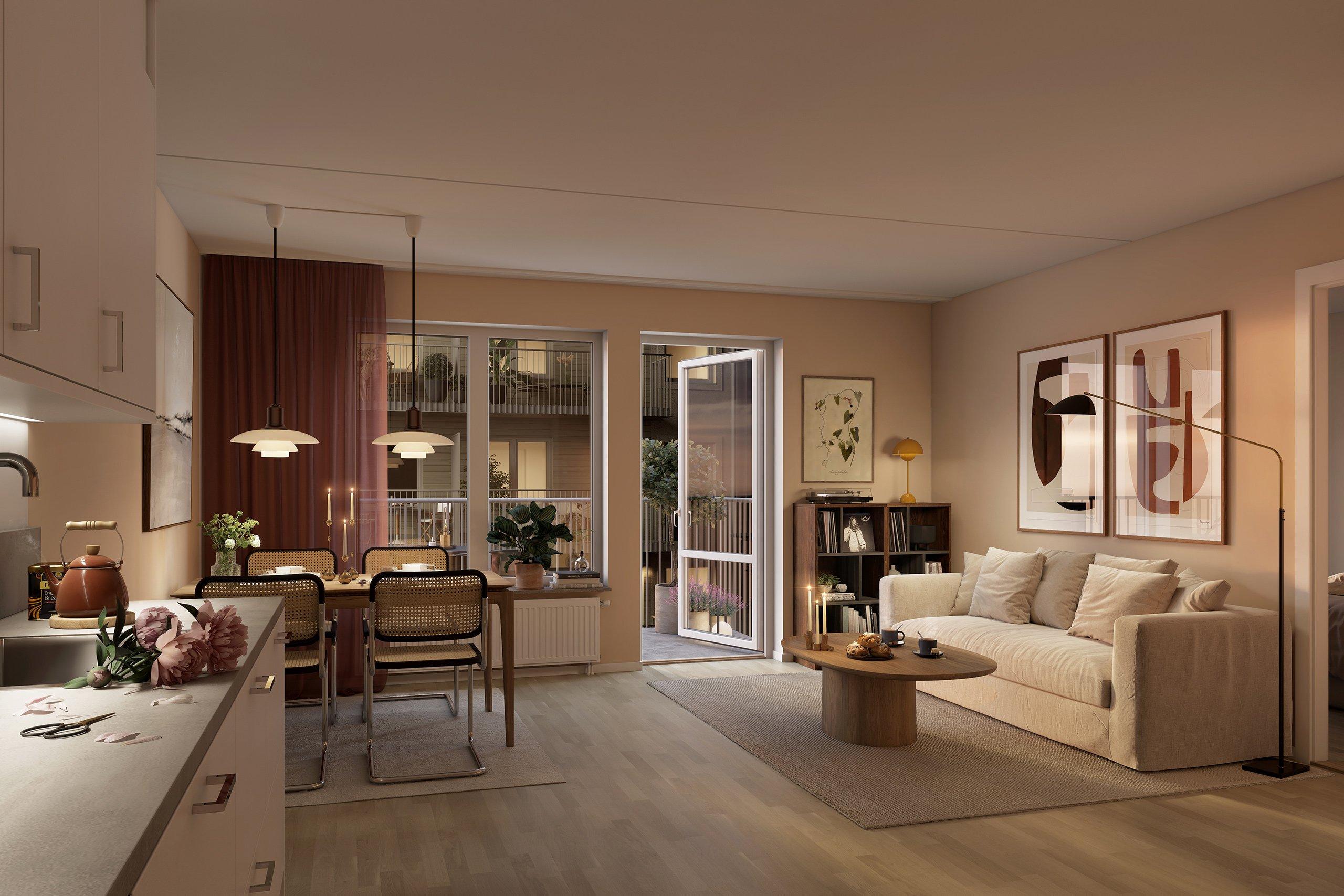 Bostäderna inreds med vita väggar och vitlaserad ekparkett som originalinredning (visionsbild).