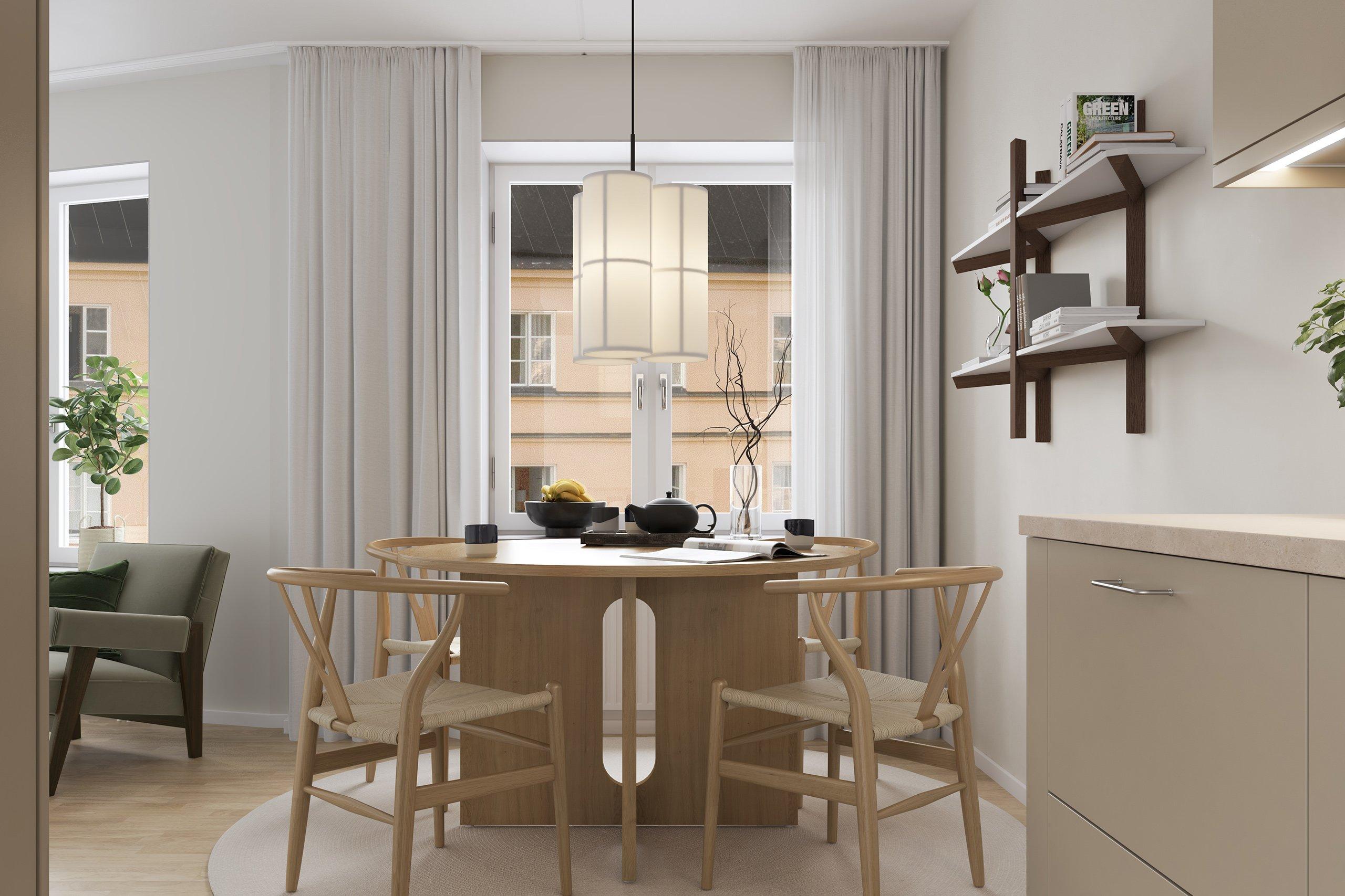 Köket är välplanerat med tidlösa materialval såsom stenkompositskiva och släta luckor. Vitvarorna är helintegrerade för ett stilrent uttryck (visionsbild).