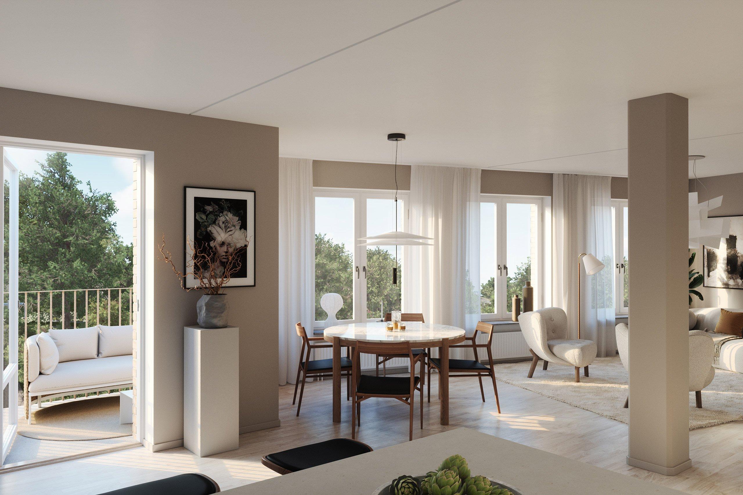 Det välplanerade köket har ett tidlöst uttryck med släta luckor, stenkompositskiva och helintegrerade vitvaror. Köksö är möjligt tillval.