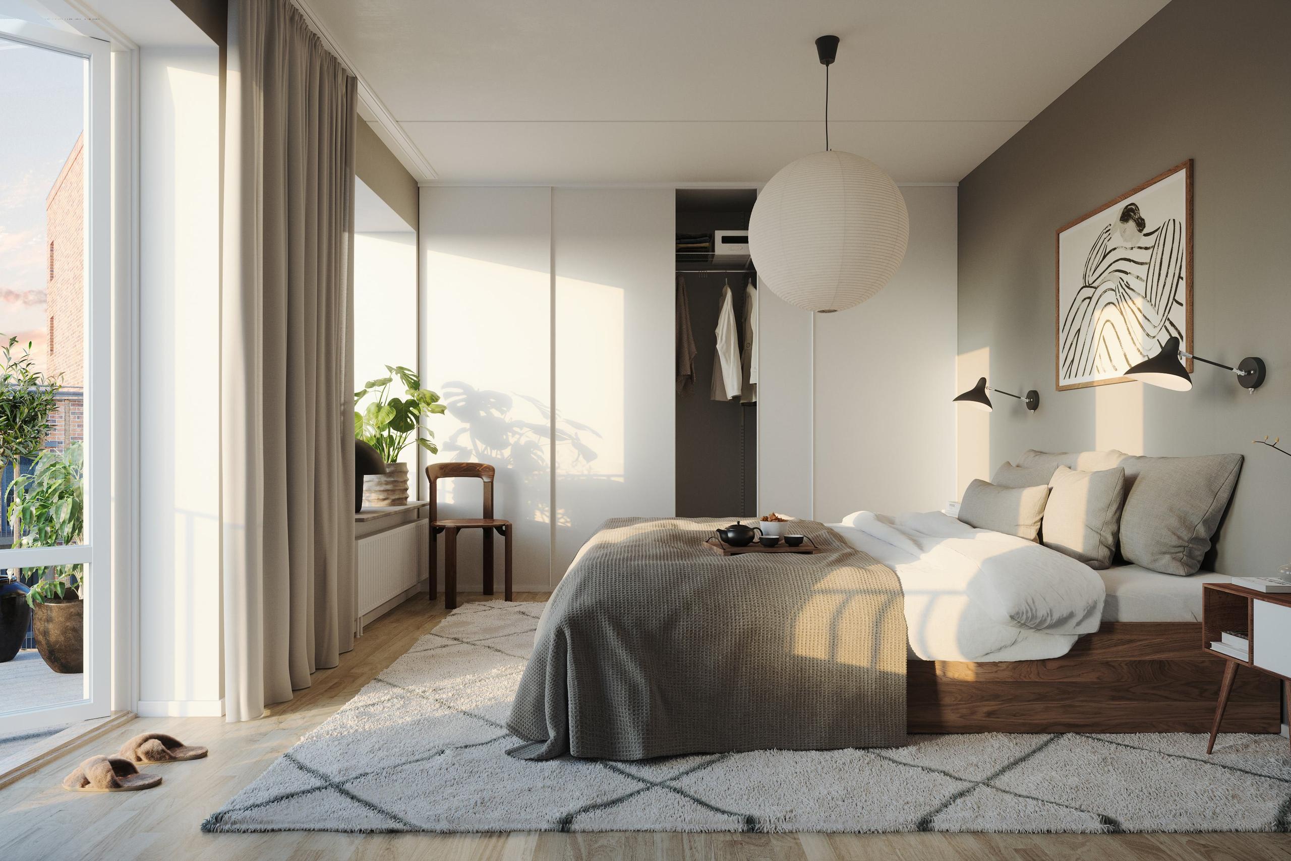 Bostaden har vilsamma/ett vilsamt sovrum för god sömn och återhämtning.