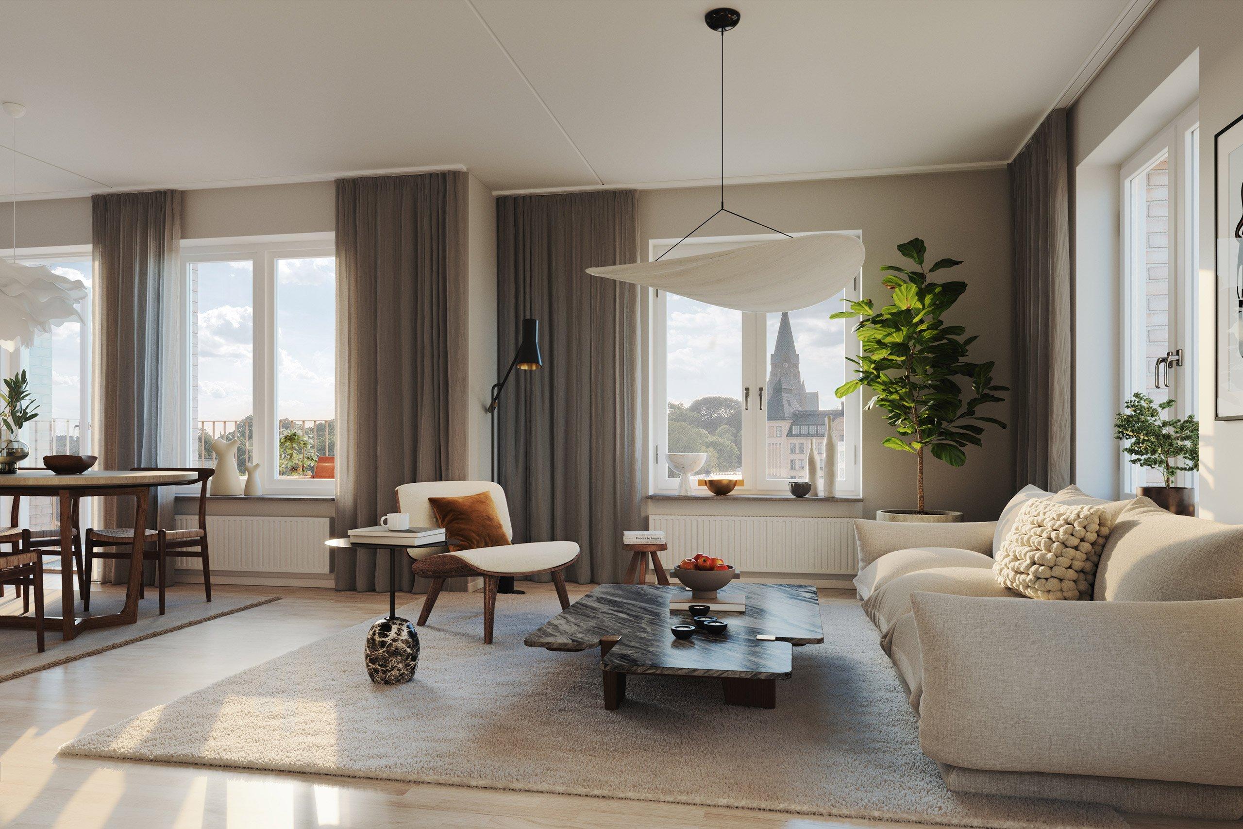 I vardagsrummet finns gott om plats för såväl fredagsmys som släktkalas.