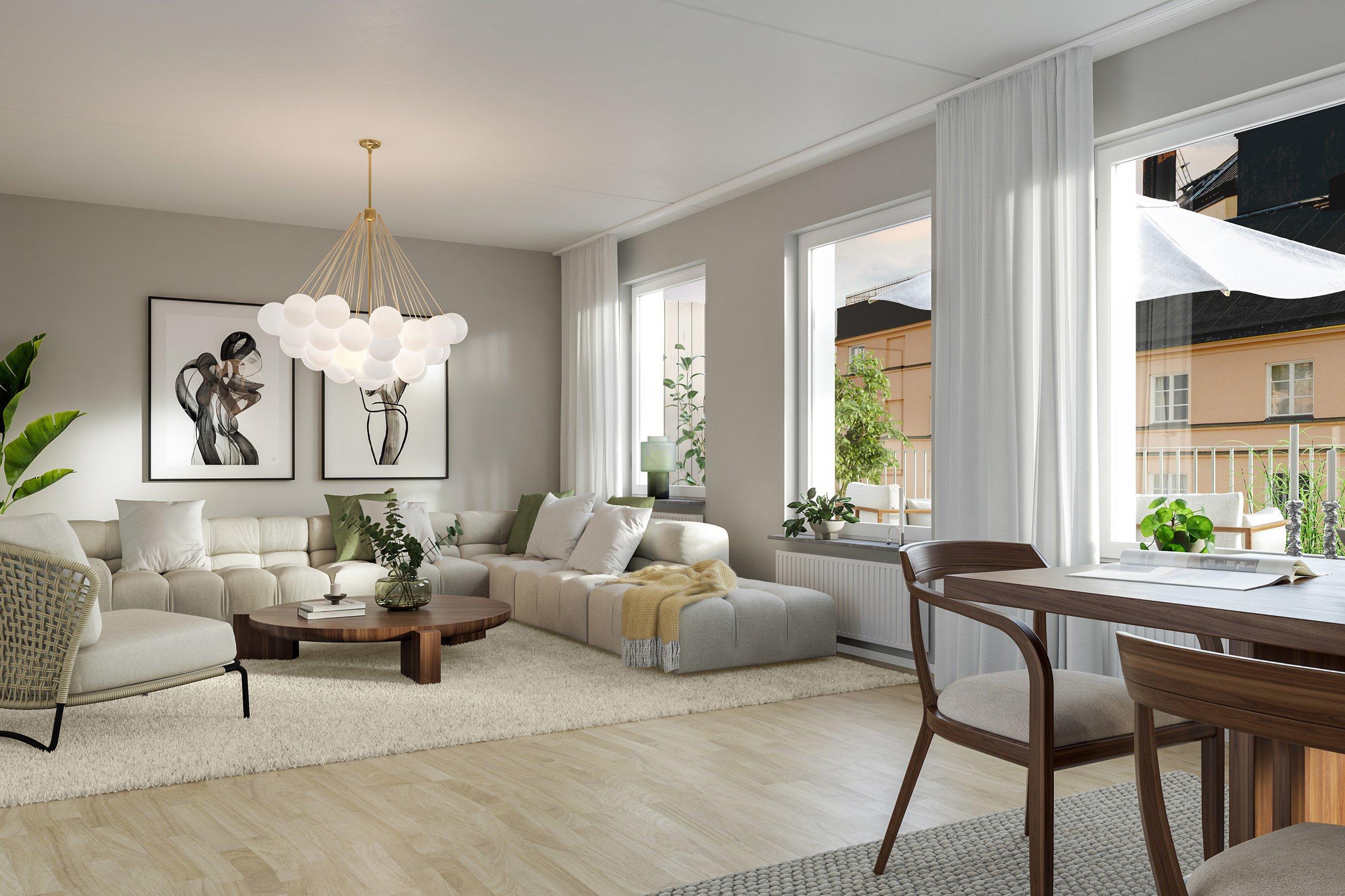 I vardagsrummet finns gott om plats för såväl fredagsmys som släktkalas