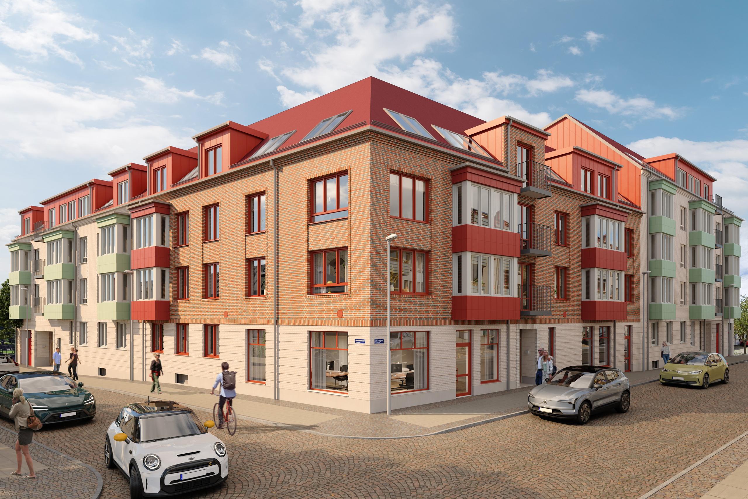 Illustrationsbild över Seniorgårdens bostäder på Lilla Tvärgatan. 