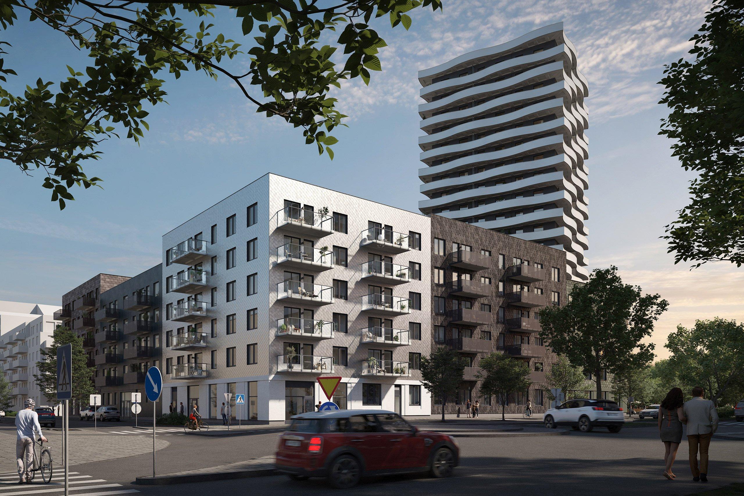 Modernt bostadskvarter med flerfärgade fasader.