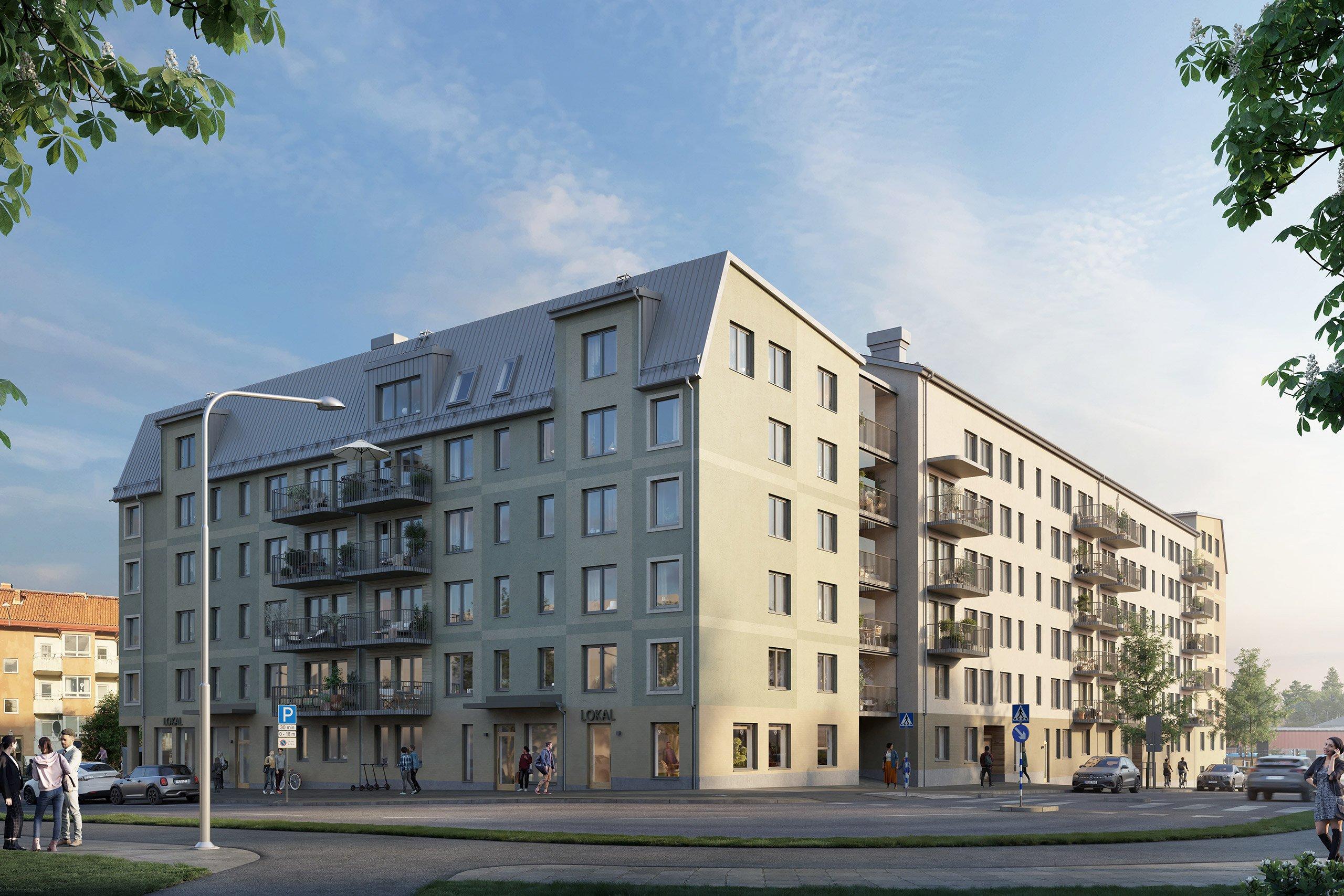 Stort bostadskvarter i kvällsljus.