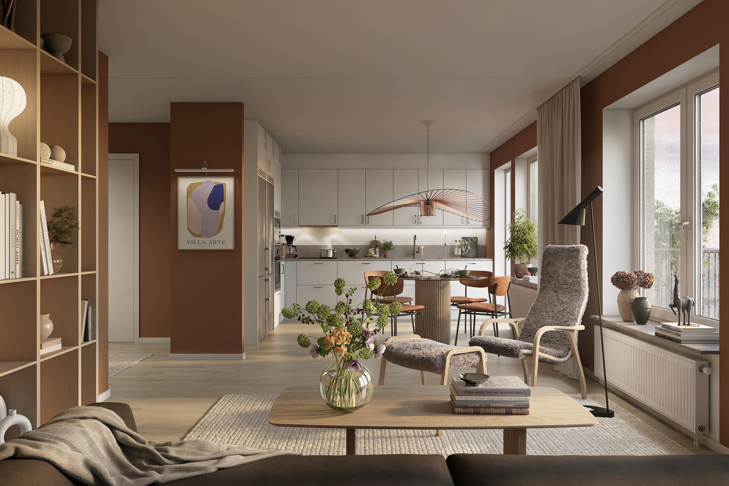 Kök i vitt med öppen planlösning mot ljust vardagsrum.