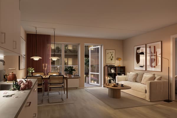 Bostäderna inreds med vita väggar och vitlaserad ekparkett som originalinredning (visionsbild).