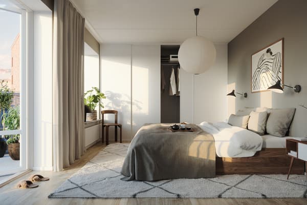 Bostaden har vilsamma/ett vilsamt sovrum för god sömn och återhämtning.